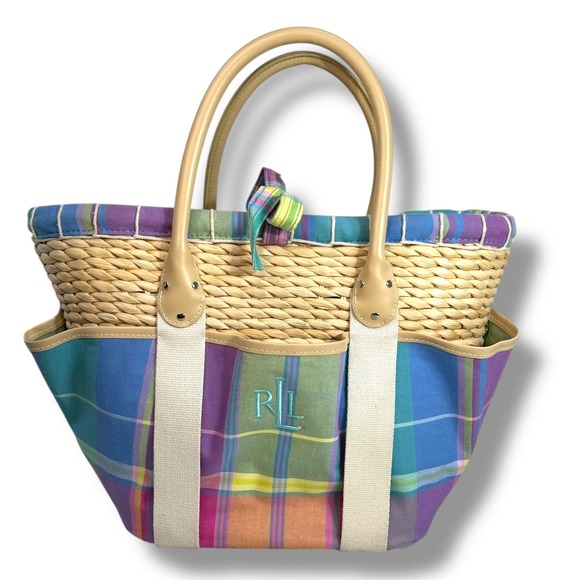 Lauren Ralph Lauren Handbags - Lauren Ralph Lauren Madras Plaid Straw Tote Bag Canvas Beach Bag Preppy Vacation